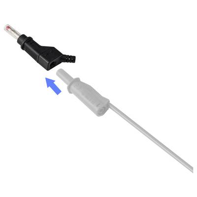 Nahaufnahme eines Elektrosteckers, der in eine entsprechende Messleitungsbuchse eingeführt wird, gekennzeichnet durch einen blauen Pfeil.