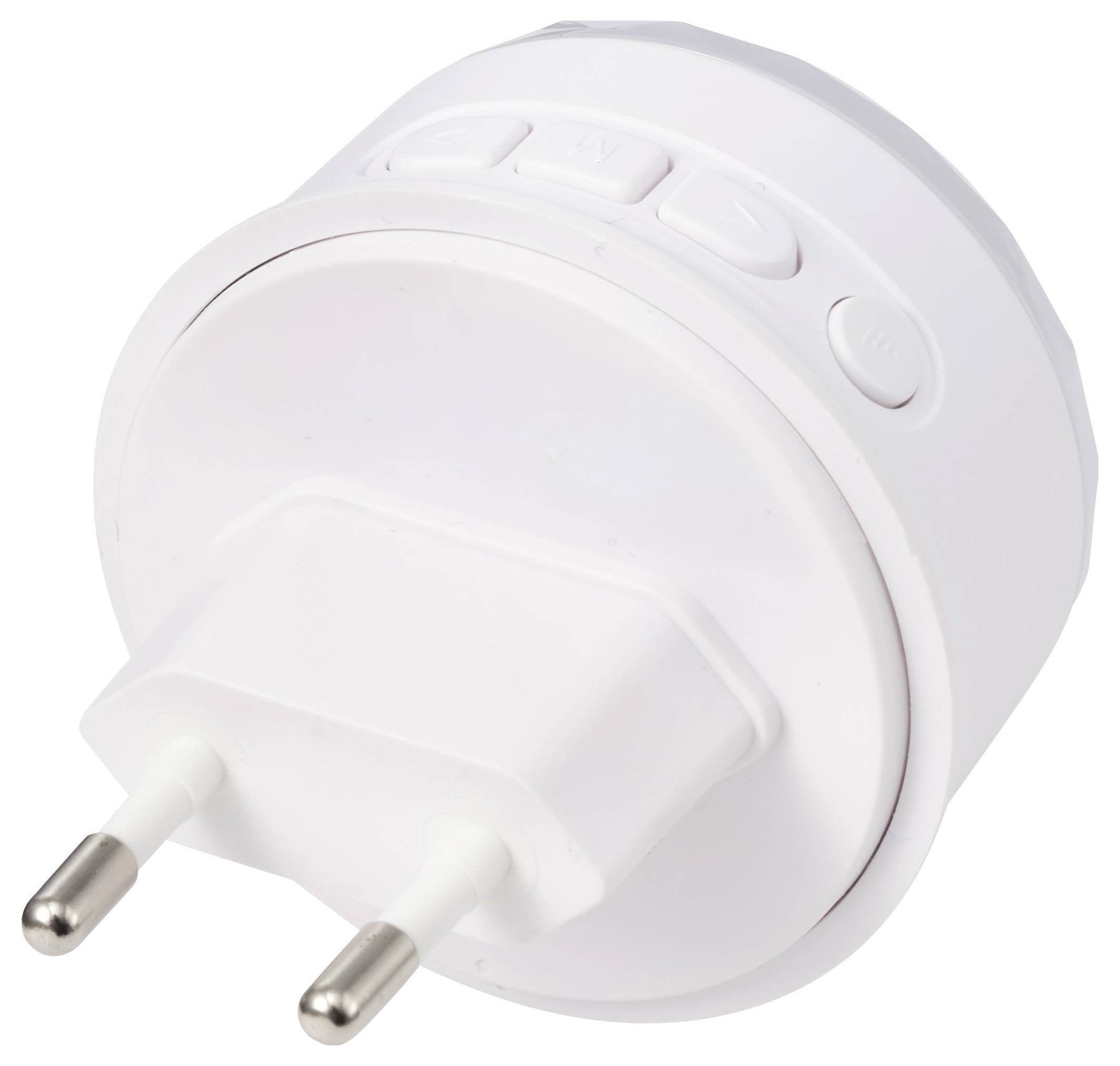 Weißer runder Stecker-Smart-Socket-Adapter mit zweipoliger Eurostecker und Seitensteuertasten auf weißem Hintergrund.