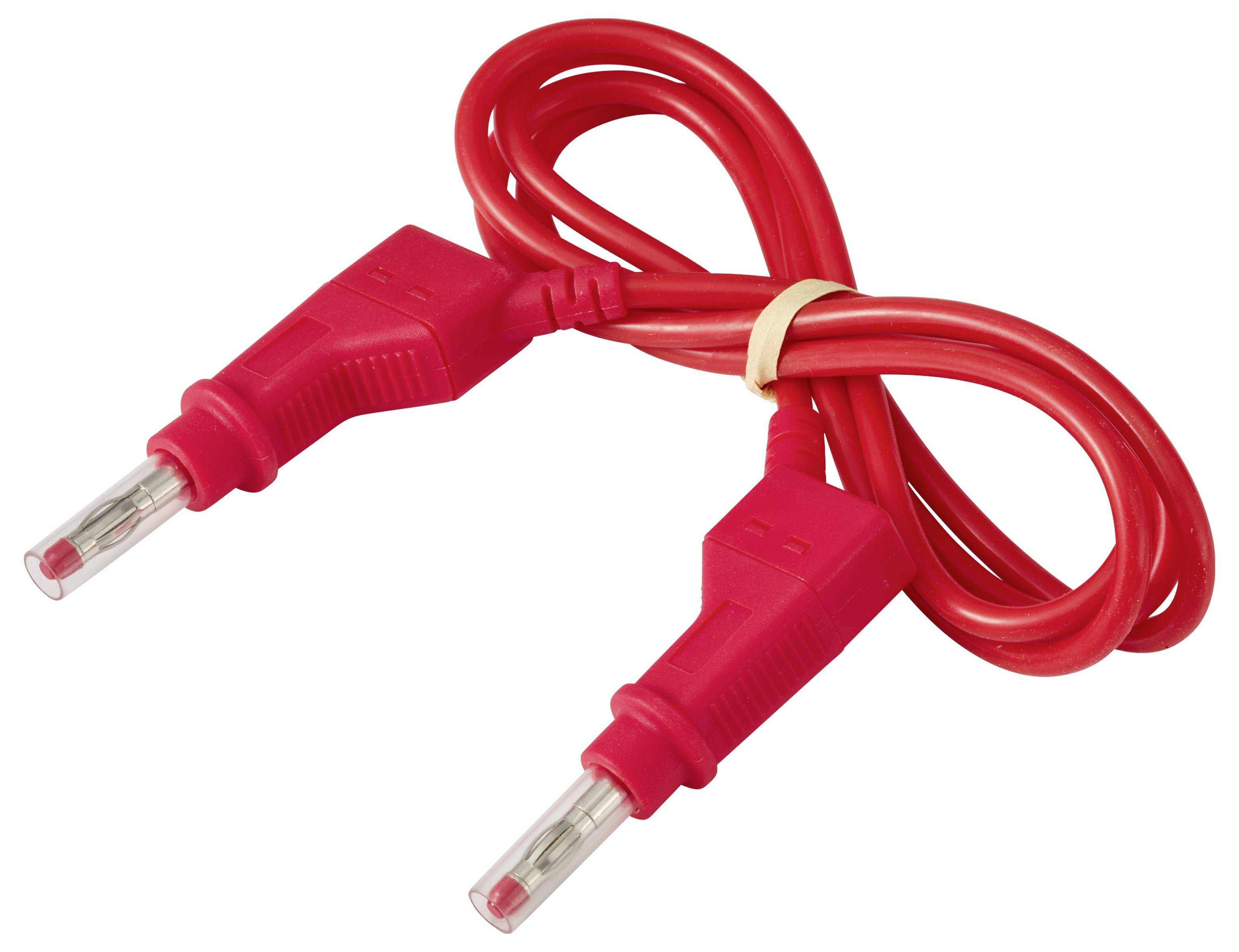 Rote Elektroprüfleitungen mit zwei isolierten Bananensteckern an einem aufgerollten Kabel, zusammengebunden mit einem kleinen Band.