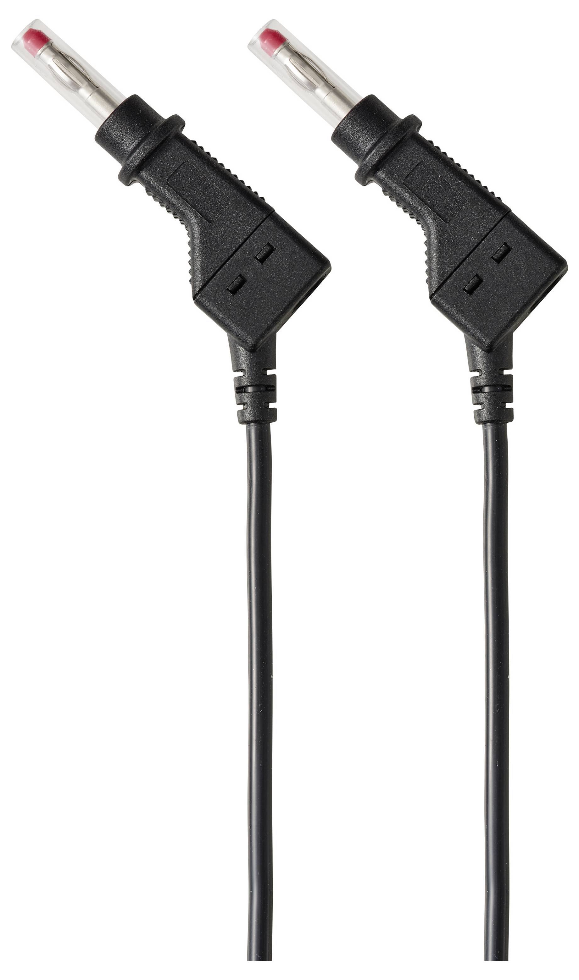 Zwei schwarze elektrische Stromkabel mit rechtwinkligen Steckern und rot gekapselten Steckverbindern, nebeneinander auf weißem Hintergrund gezeigt.