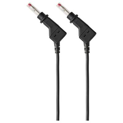 Zwei schwarze elektrische Stromkabel mit rechtwinkligen Steckern und rot gekapselten Steckverbindern, nebeneinander auf weißem Hintergrund gezeigt.