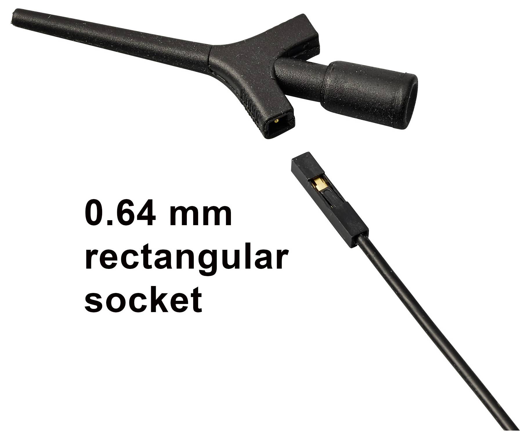 Schwarzes Kabel mit rechteckigem 0,64 mm Steckverbinder, abgebildet mit passendem Stecker in Nahaufnahme auf weißem Hintergrund.