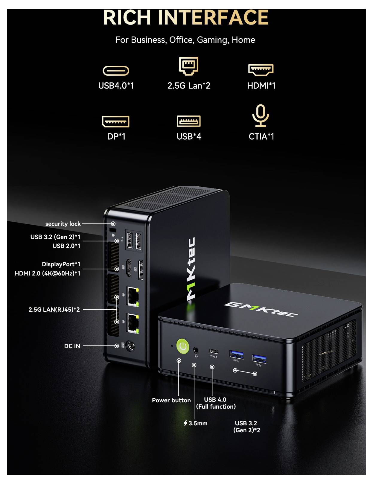 Brinktec Mini-PC mit "RICH INTERFACE" und beschrifteten Anschlüssen: USB4, 2,5G LAN, HDMI, DP, USB-C, USB 3.2, Audiobuchse, Netztaster.