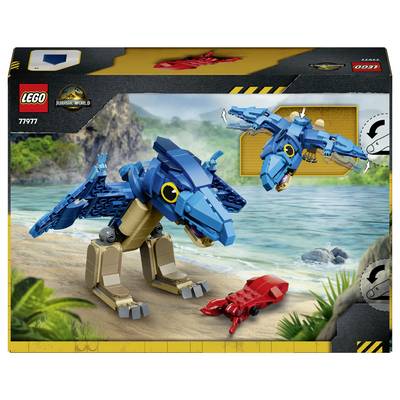 LEGO Jurassic World Schachtelbild zeigt zwei blaue Dilophosaurus-Spielzeugmodelle und eine rote Krabbe an einem Strand in der Nähe von Wasser, Set 77977.