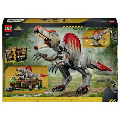 LEGO Jurassic World Schachtelabbildung mit einem Spinosaurus-Modell und Minifiguren, Detailansichten des Dinosauriers und eines Laborsätze, Produktnummer 77982.
