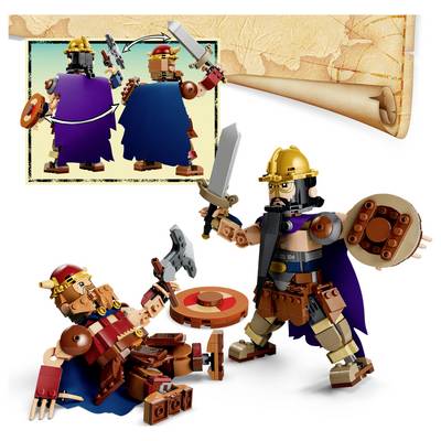 LEGO-ähnliche Ritter im Duell: einer steht und hält Schwert und Schild, während ein anderer mit einer Axt zurückweicht; eine Einschub zeigt die Vorder- und Rückansicht der Ritter.