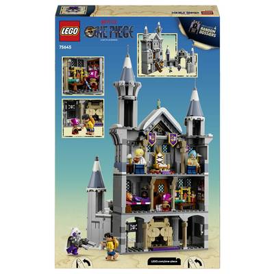 LEGO One Piece Setkasten mit einem grauen Schloss mit Minifiguren und Spielfunktionen, mit eingefügten Szenen des Modells und Charakteren.