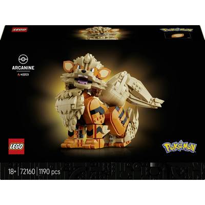 LEGO Pokémon Arcanine-Set-Schachtel mit Kunstwerk, das eine aus Steinen gebaute Arcanine-Figur zeigt; beschriftet mit „Arcanine" und „#0059", für Altersgruppe 18+, Set 72160, 1190 Teile.