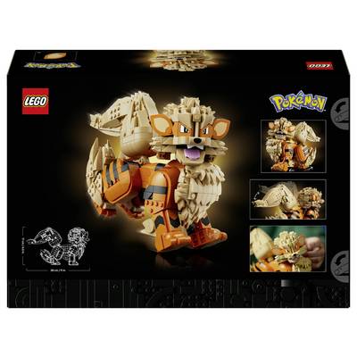 LEGO Pokémon 'Arcanine' Verpackungsdesign mit einer baubaren Arcanine-Figur und drei kleineren Vorschaubildern sowie LEGO/Pokémon-Logos.