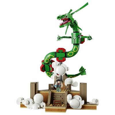 LEGO-ähnliche Drachenstatue, die über einer kleinen Minifigur auf einer Holzplattform aufragt, mit weißen Wolkenelementen an der Basis.