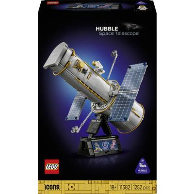 LEGO Icons Hubble-Weltraumteleskop-Setverpackung mit detailliertem Modell des Teleskops mit Solarpanelen auf einem Ausstellungsständer, beschriftet mit „Hubble-Weltraumteleskop".