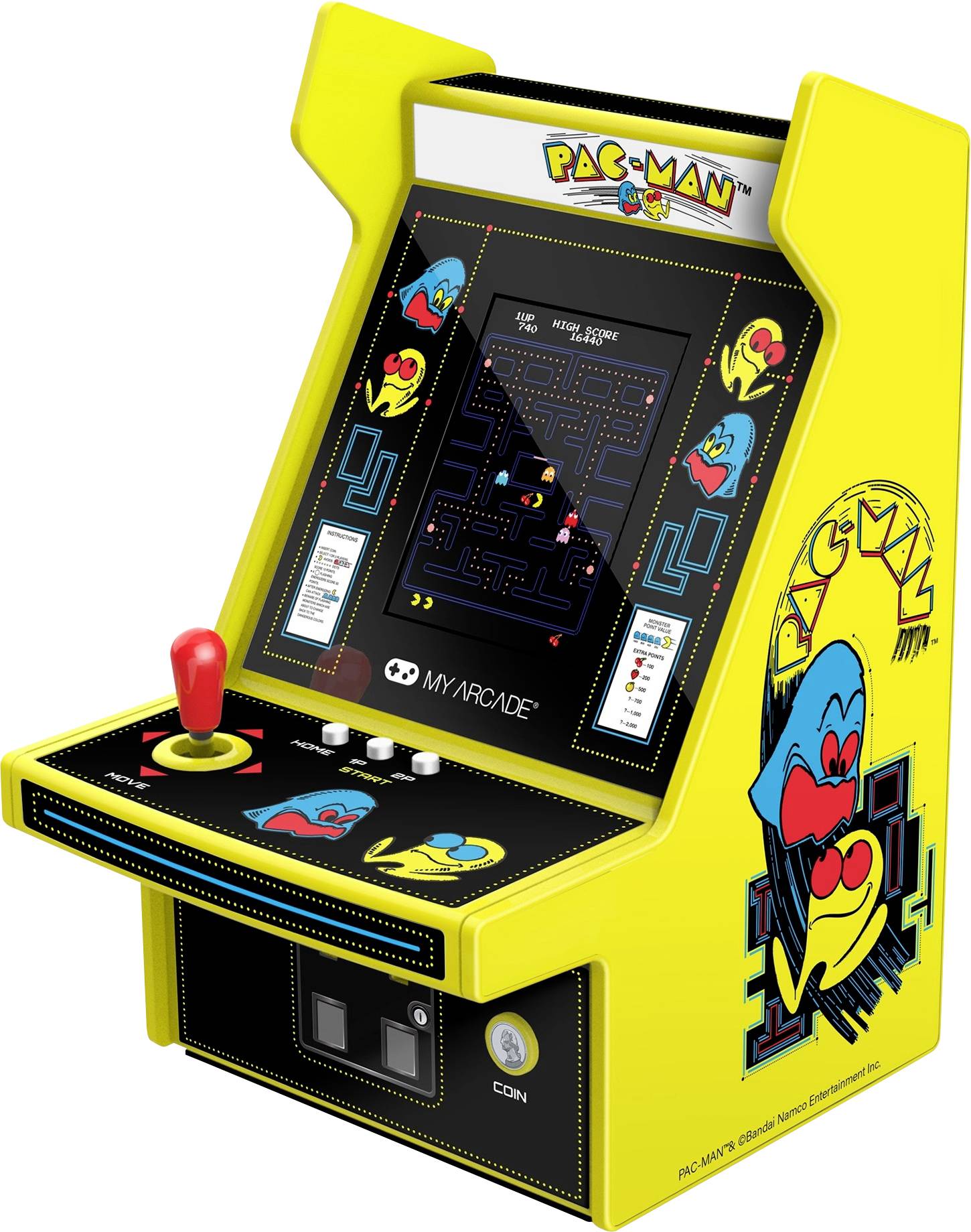 Gelber Pac-Man-Spielautomat mit rotem Joystick und Tasten, zeigt den Spielbildschirm und klassische Charaktergrafiken.