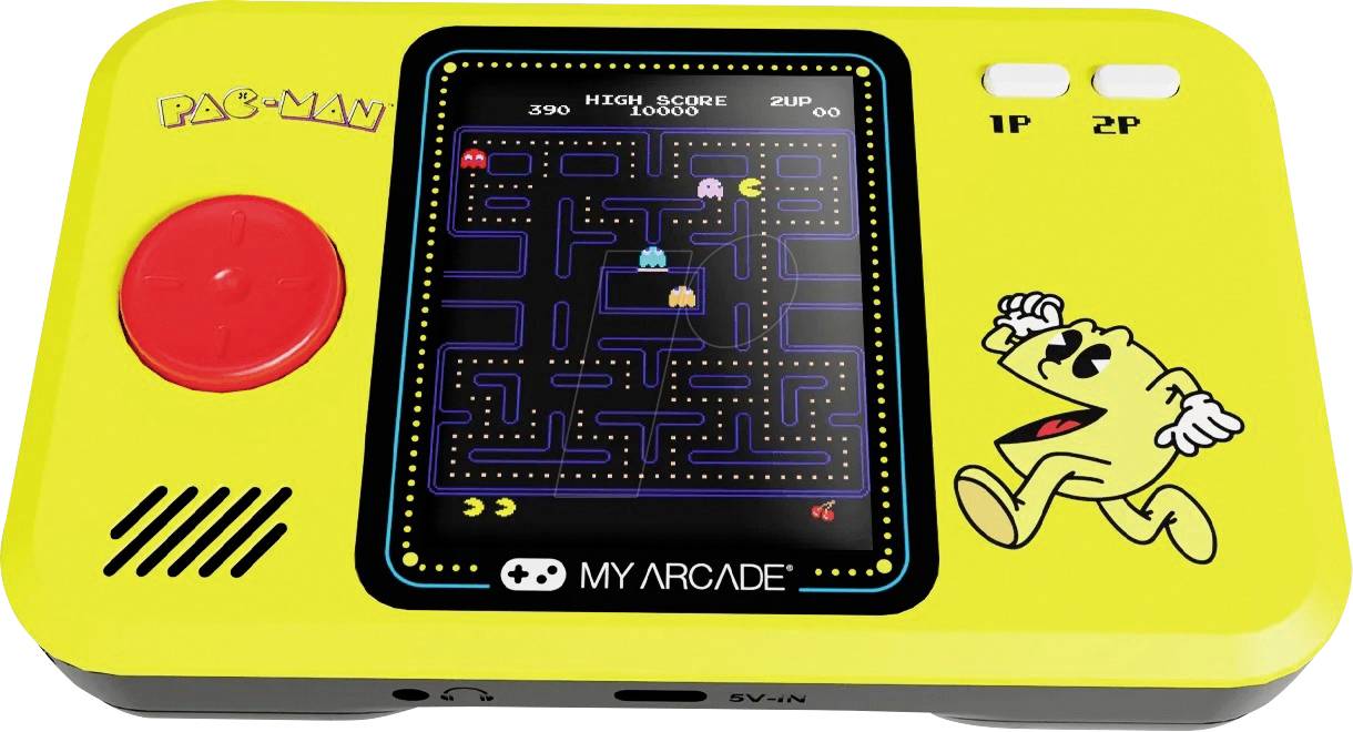 Gelbes Pac-Man-Handheld-Arkadespielgerät mit rotem Joystick und zwei weißen Tasten, das den Spielbildschirm in der Mitte und Pac-Man-Artwork auf der rechten Seite zeigt.