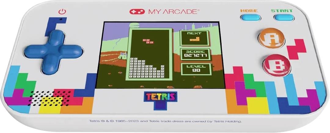 Tragbarer My Arcade Tetris-Spielekonsole mit blauen Steuerelementen und Bildschirm, das die Tetris-Spielschnittstelle zeigt.