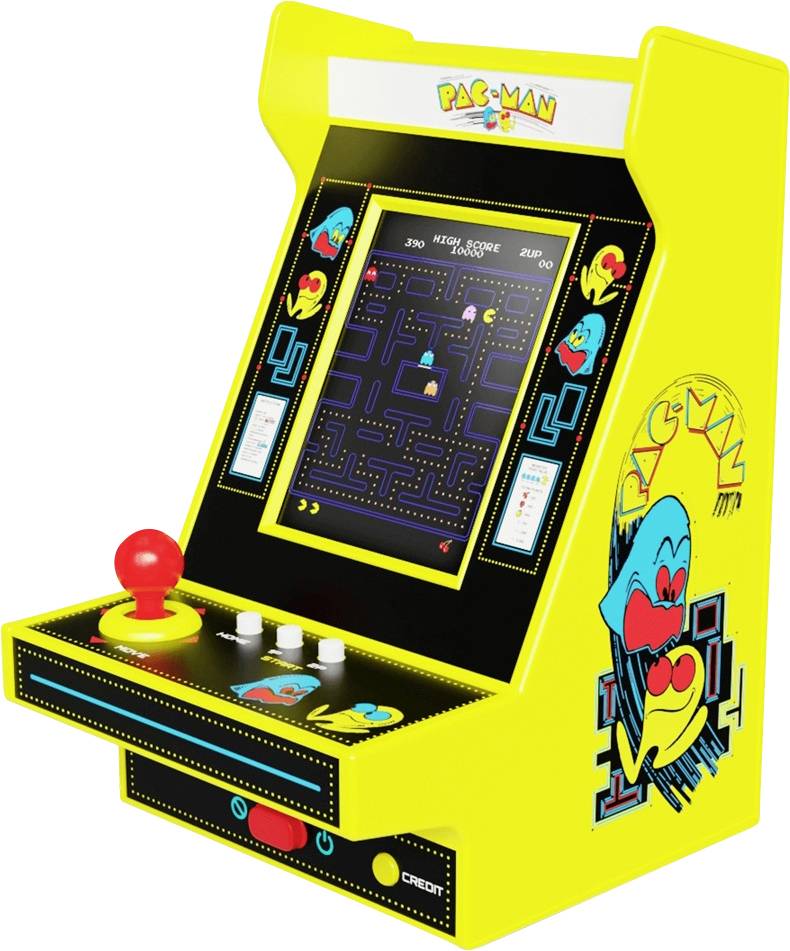 Gelbes PAC-MAN-Arcade-Automat mit Joystick, Tasten und einem Bildschirm, auf dem das Spiellabyrinth und die Punkteanzeige angezeigt werden.