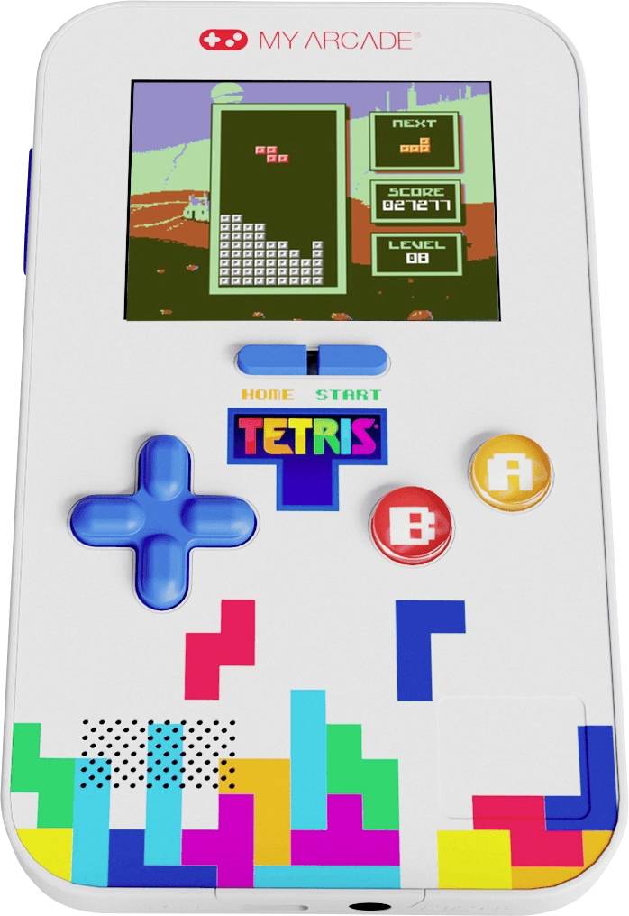 Tragbares My Arcade Spielgerät zeigt Tetris auf dem Bildschirm, mit blauen Steuerelementen und bunten Tetris-Blöcken darunter.