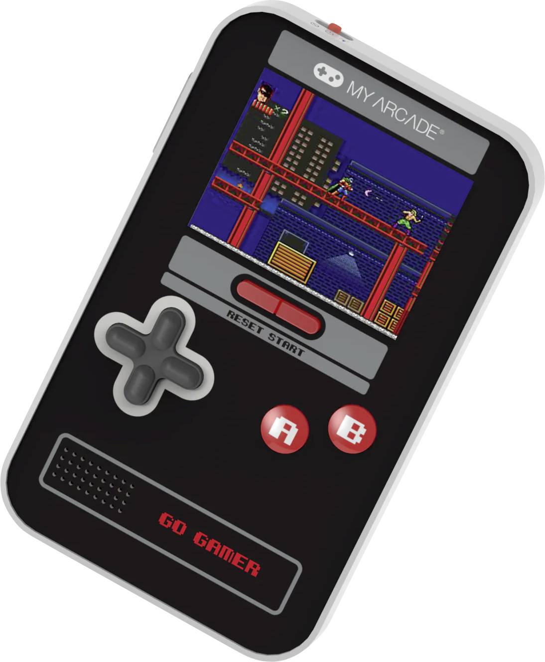 Tragbarer Retro-Spiele-Handheld mit Seitenroller-Actionspiel auf dem Bildschirm, mit Steuerkreuz und roten A/B-Tasten, beschriftet mit „MY ARCADE" und „GO GAMER".