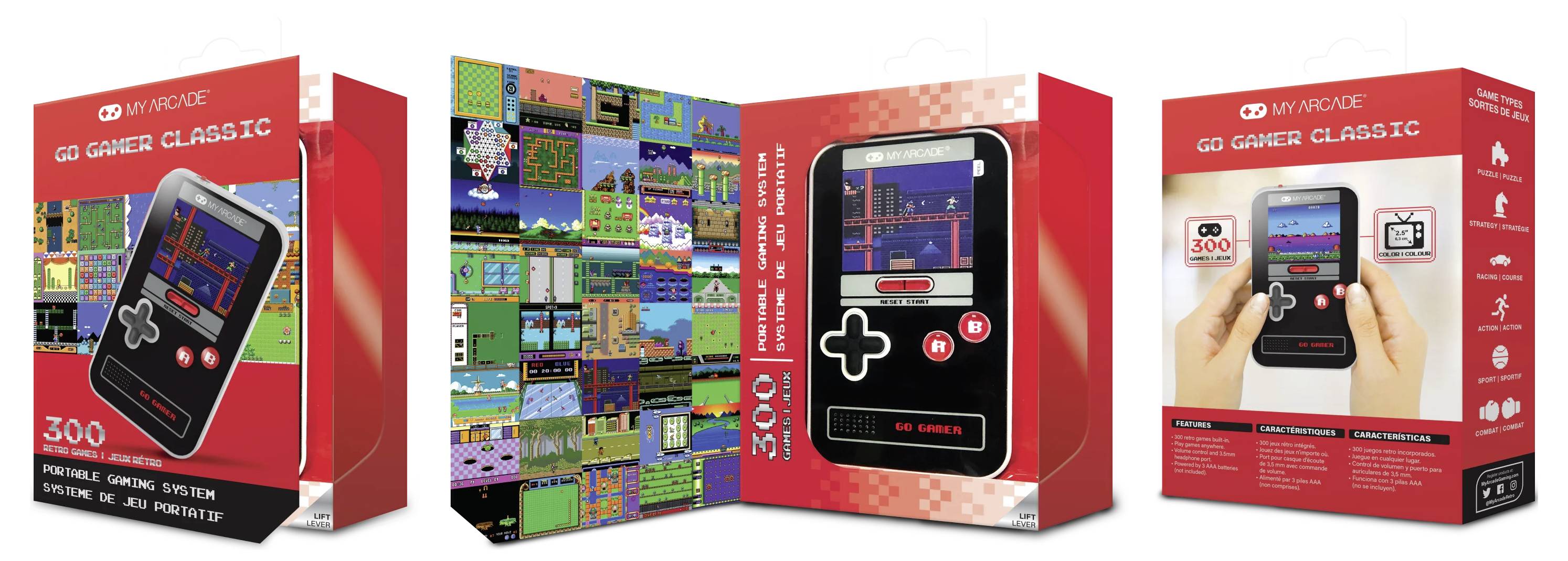 Produktverpackung für die tragbare Spielkonsole 'MYARCADE GO GAMER CLASSIC', dargestellt in mehreren Ansichten der Schachtel mit dem Gerät auf der Vorderseite abgebildet.