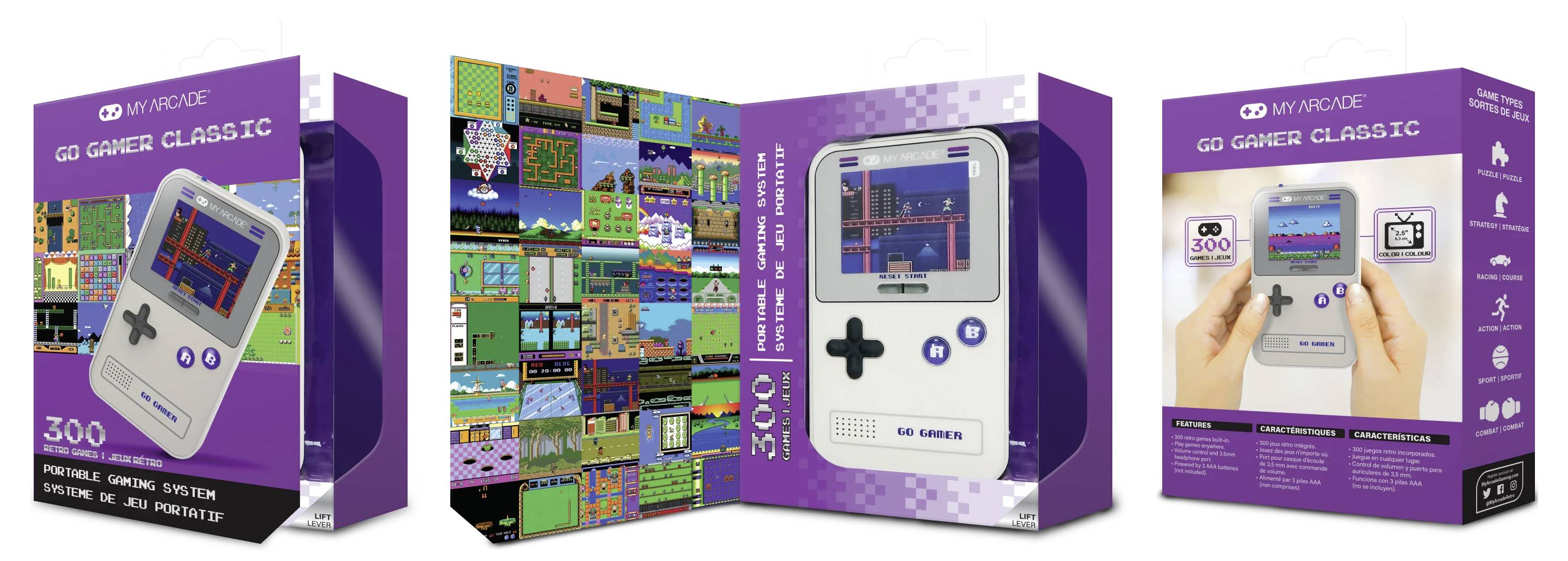 Drei violette Retro-Stil-Handheld-Spielkonsolen-Produktboxen, die das Gerät auf der Vorderseite und bunte Spielbildschirm-Collagen auf den Seiten zeigen.