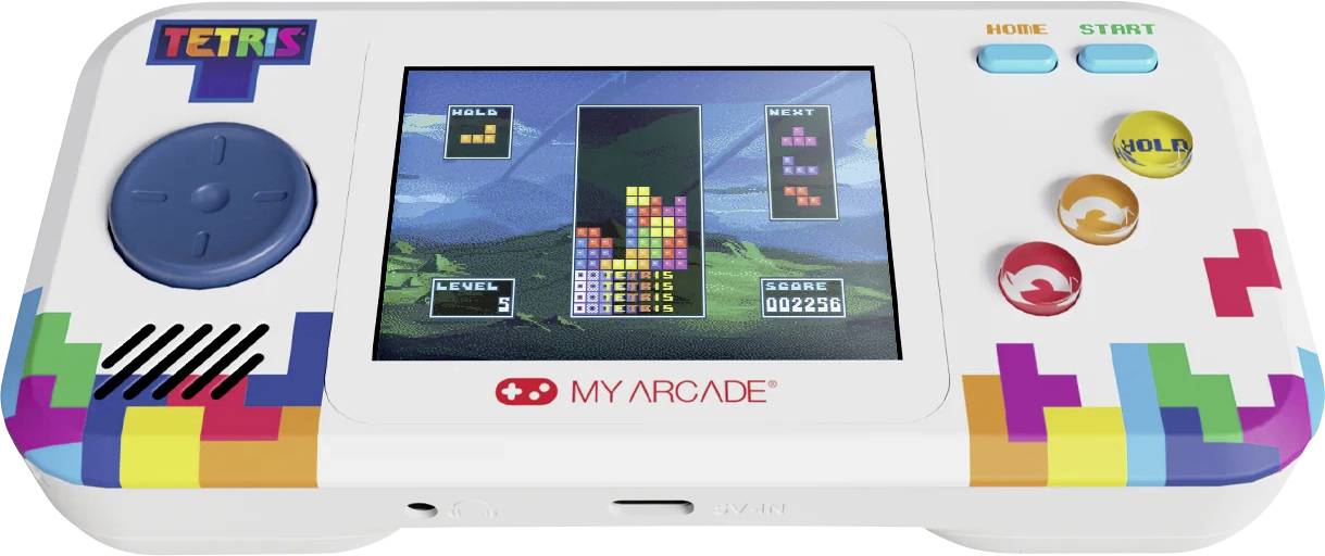 Weißer Tetris My Arcade tragbarer Spielekonsole mit Bildschirm, auf dem fallende Blöcke angezeigt werden, blauem D-Pad, Home-/Start-Tasten und Hold-Steuerung.