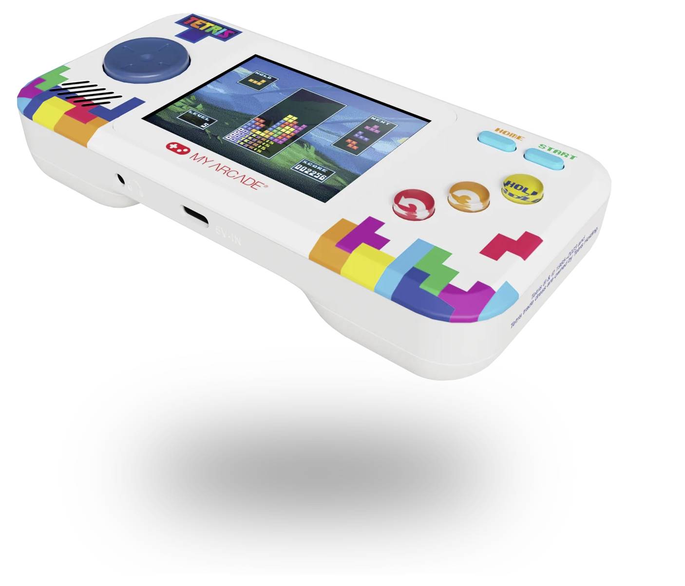 Weiße tragbare Retro-Spielkonsole mit Bildschirm, blauem Joystick, farbigen Tetris-ähnlichen Grafiken und Start-/Select-Tasten auf weißem Hintergrund.