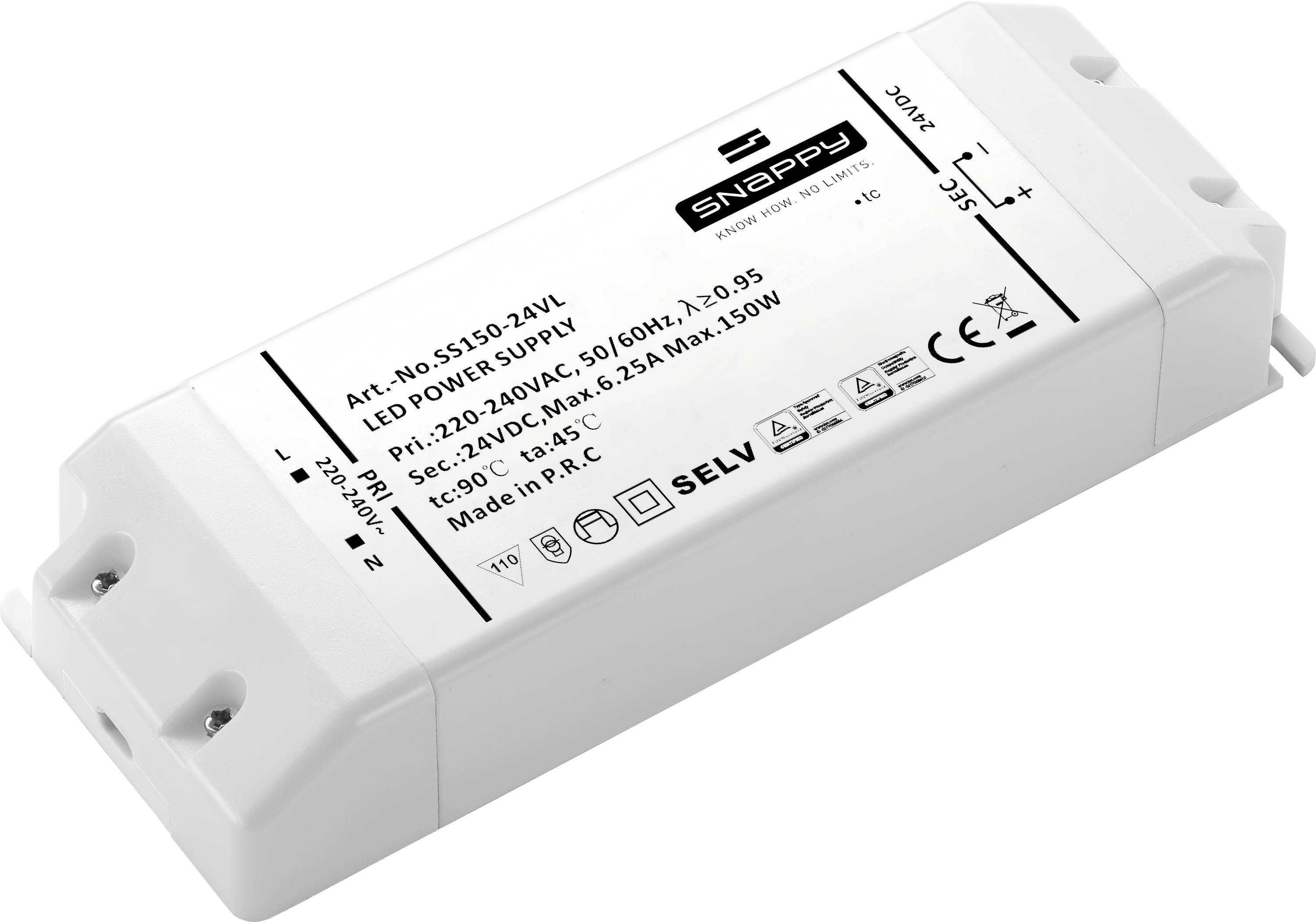 Weiße LED-Stromversorgungseinheit mit der Bezeichnung "SNAPPY", gezeigt in einem rechteckigen Kunststoffgehäuse mit Ein-/Ausgabeanschlüssen und technischen Spezifikationen auf der Oberseite.