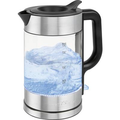 Edelstahl-Elektrokessel mit transparentem Wasserstandsfenster, schwarzem Griff und Deckel, gefüllt mit Wasser bis zu etwa 1,7 L maximal.