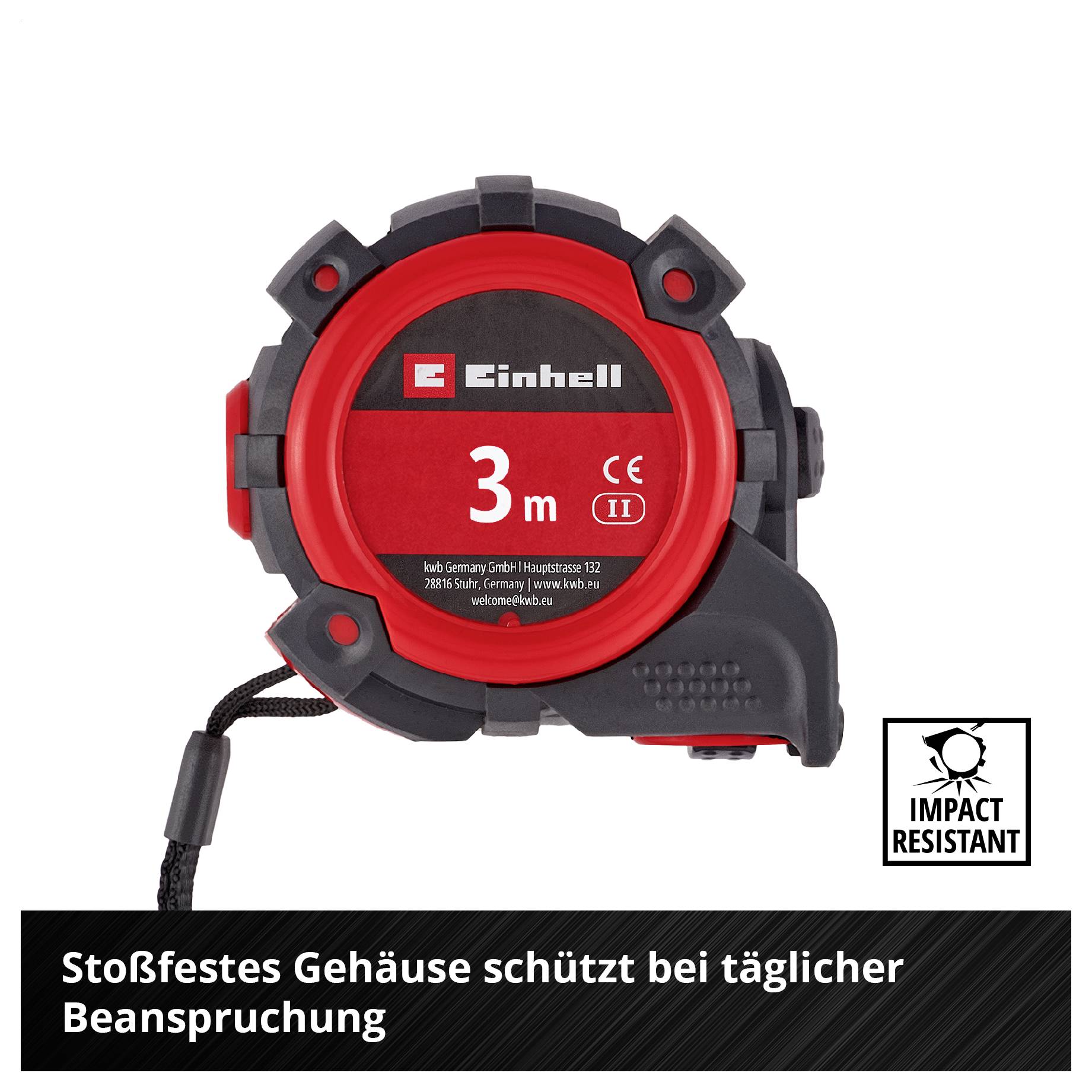 Ein rotes Einhell-Maßband mit 3 m Länge und stoßfestem Gehäuse; Hinweis: 'IMPACT RESISTANT' und Text 'Stoßfestes Gehäuse schützt bei täglicher Beanspruchung'.<br>