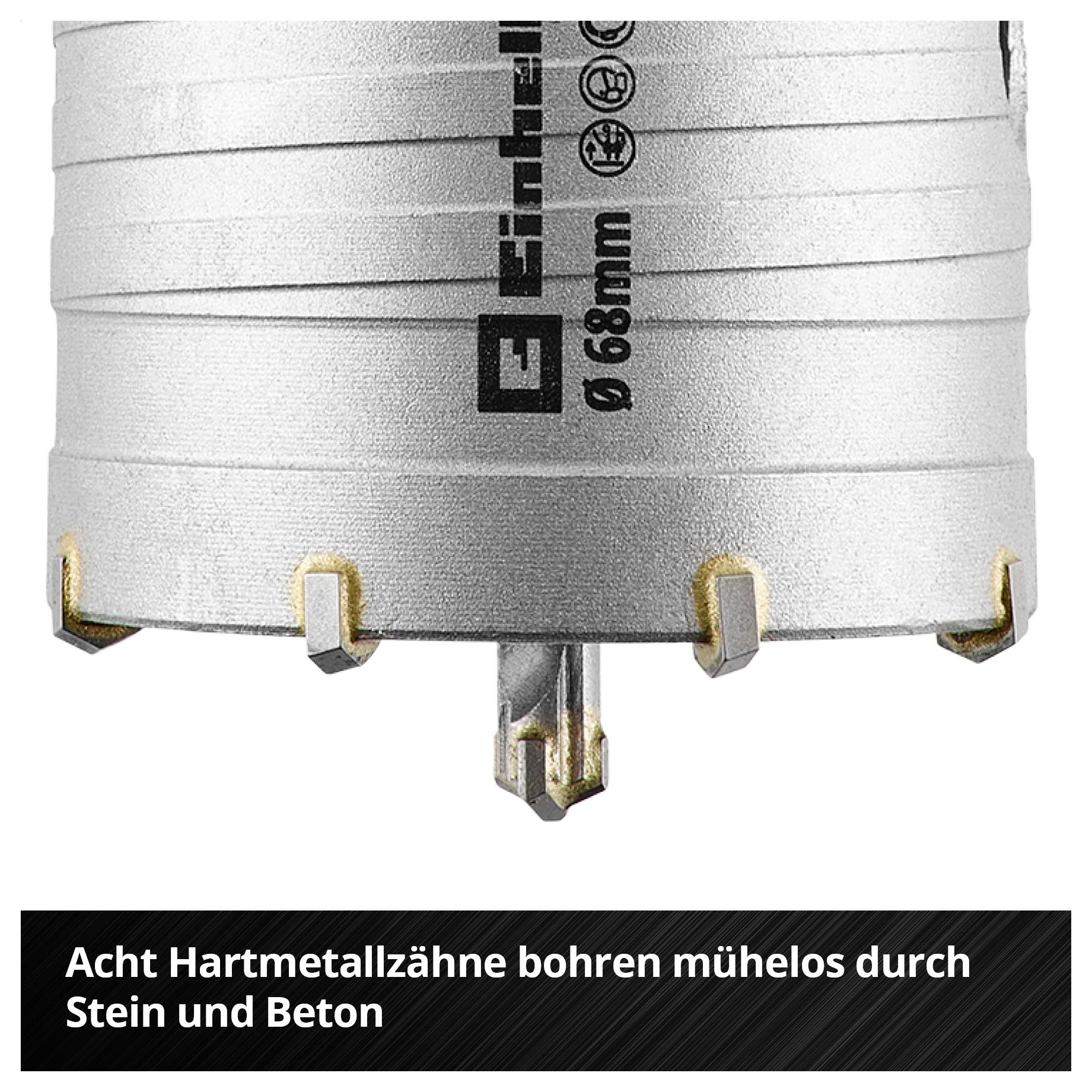 Bohrkrone mit Hartmetallzähnen und Text 'Acht Hartmetallzähne bohren mühelos durch Stein und Beton'; Durchmesser 68 mm.