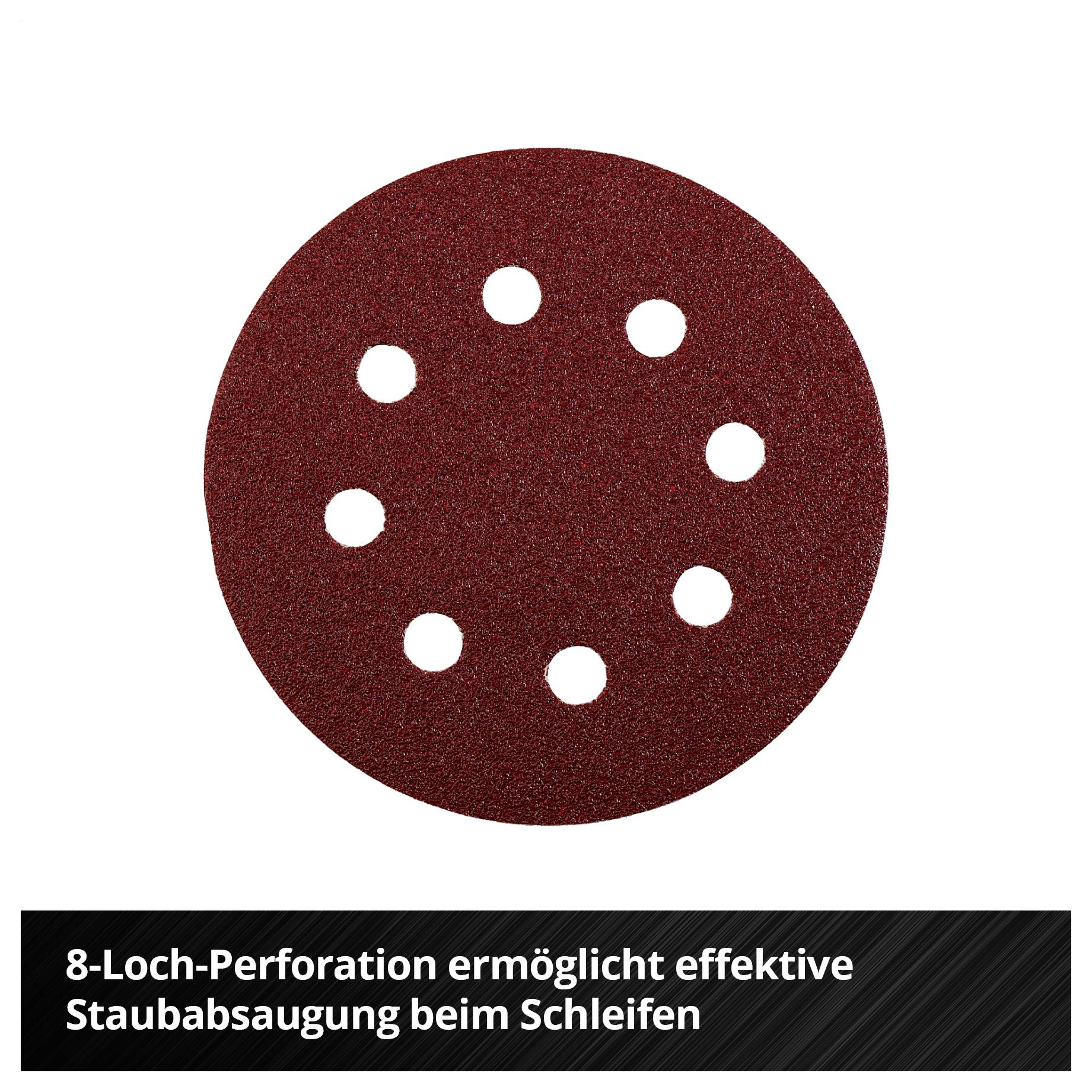 Rote kreisförmige Scheibe mit acht gleichmäßig verteilten Löchern; gekennzeichnet mit 125 mm Durchmesser und 10 mm Lochgröße.