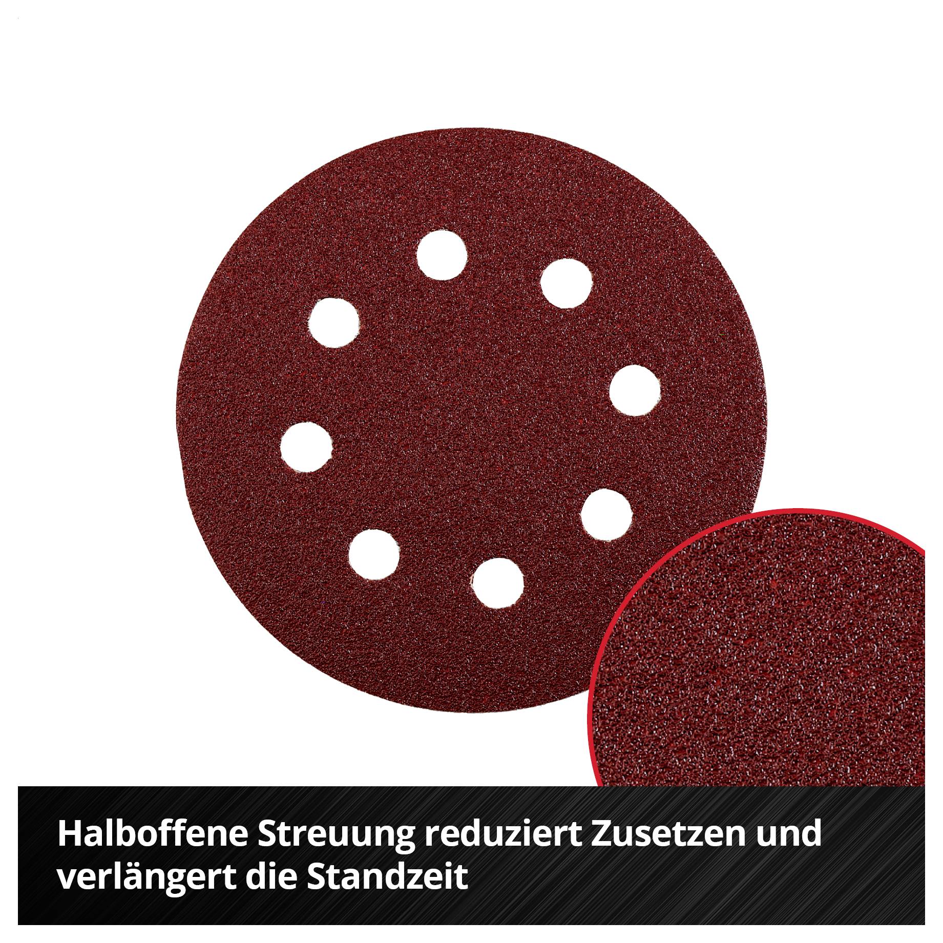 Runde Schleifscheibe mit mehreren Absaug-/Lochöffnungen; Vergrößerung zeigt die grobe Körnung. Text: 'Halboffene Streuung reduziert Zusetzen und verlängert die Standzeit'