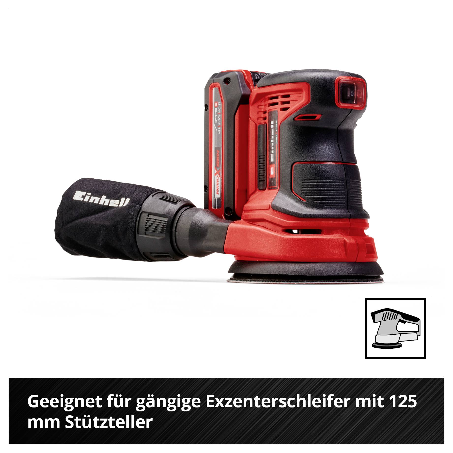 Akkuschleifer mit Staubbeutel und 125-mm-Schleifteller, darunter Text: 'Geeignet für gängige Exzenterschleifer mit 125 mm Stützteller'.