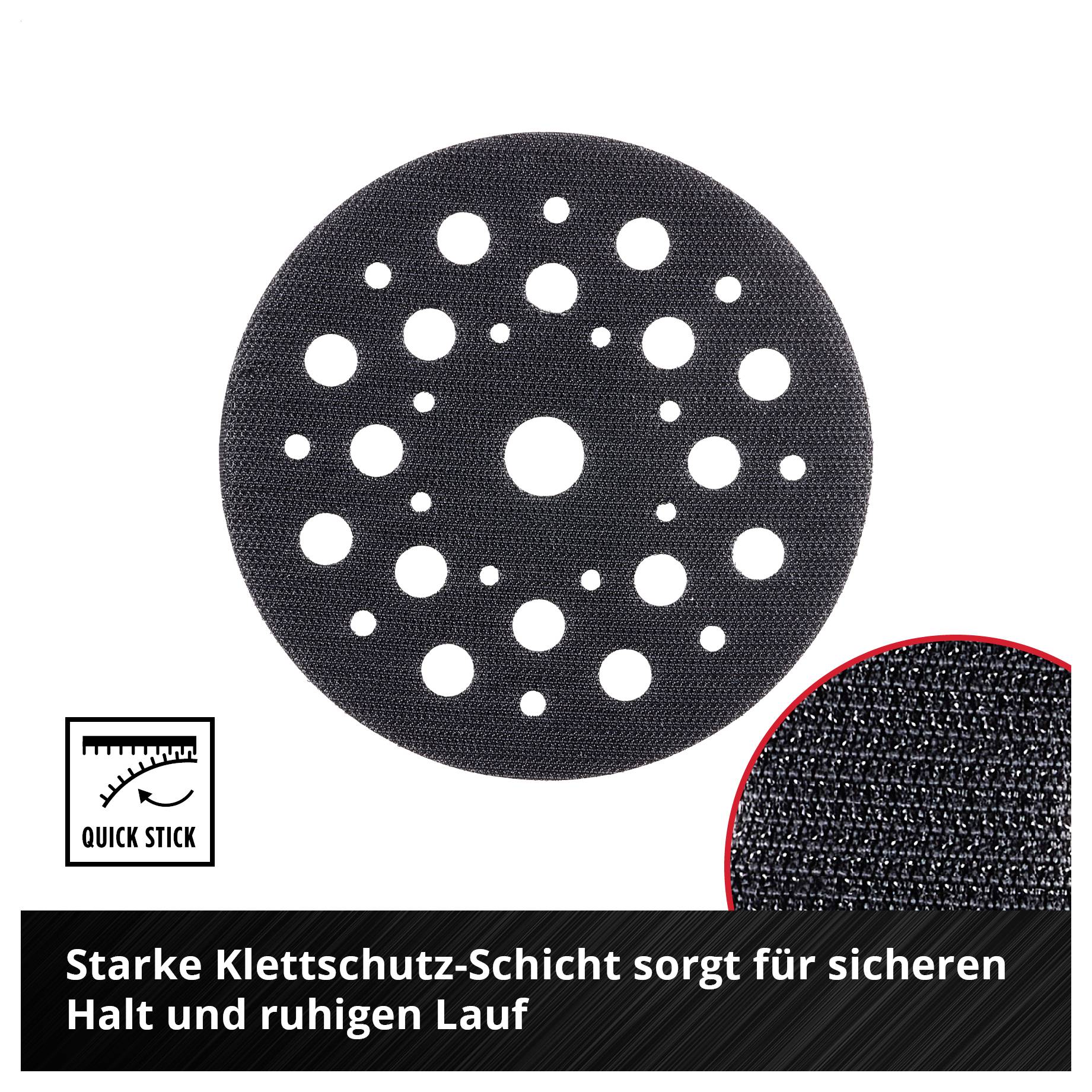 Runde Schleifscheibe mit vielen Löchern und 'Quick Stick'-Symbol; Text: 'Starke Klettschutz-Schicht sorgt für sicheren Halt und ruhigen Lauf'.