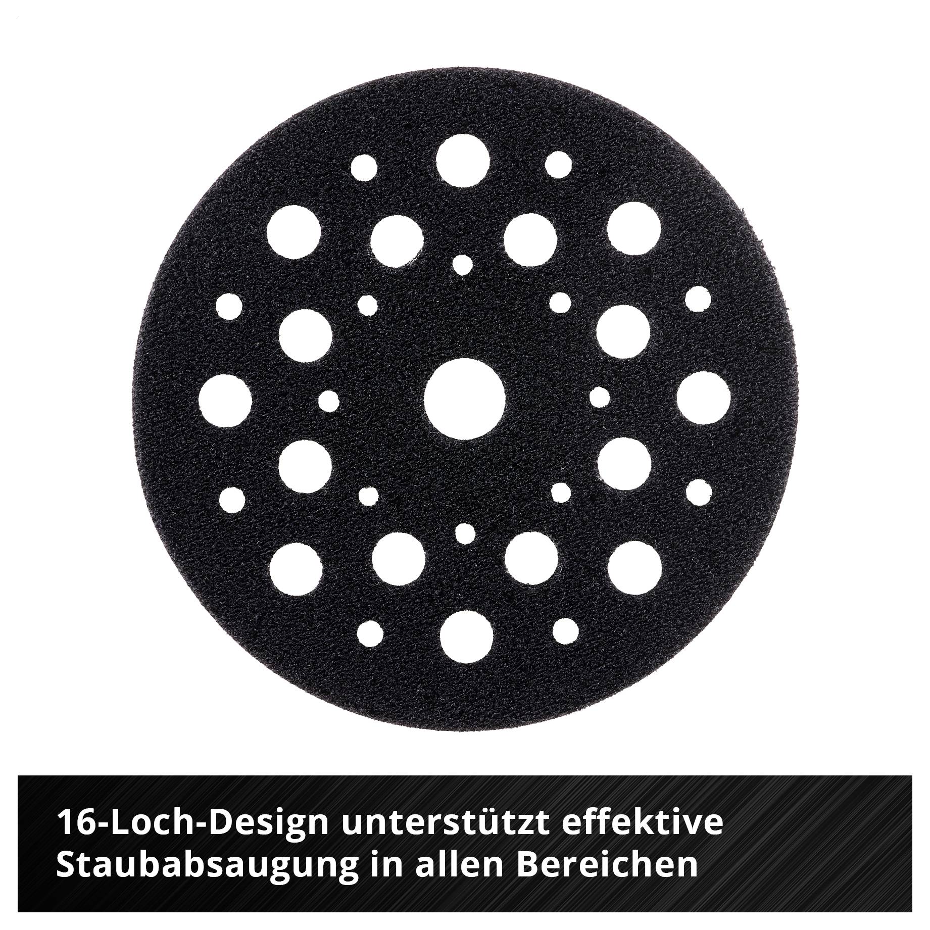 Runde Schleifplatte mit vielen Absauglöchern; Text: '16-Loch-Design unterstützt effektive Staubabsaugung in allen Bereichen'