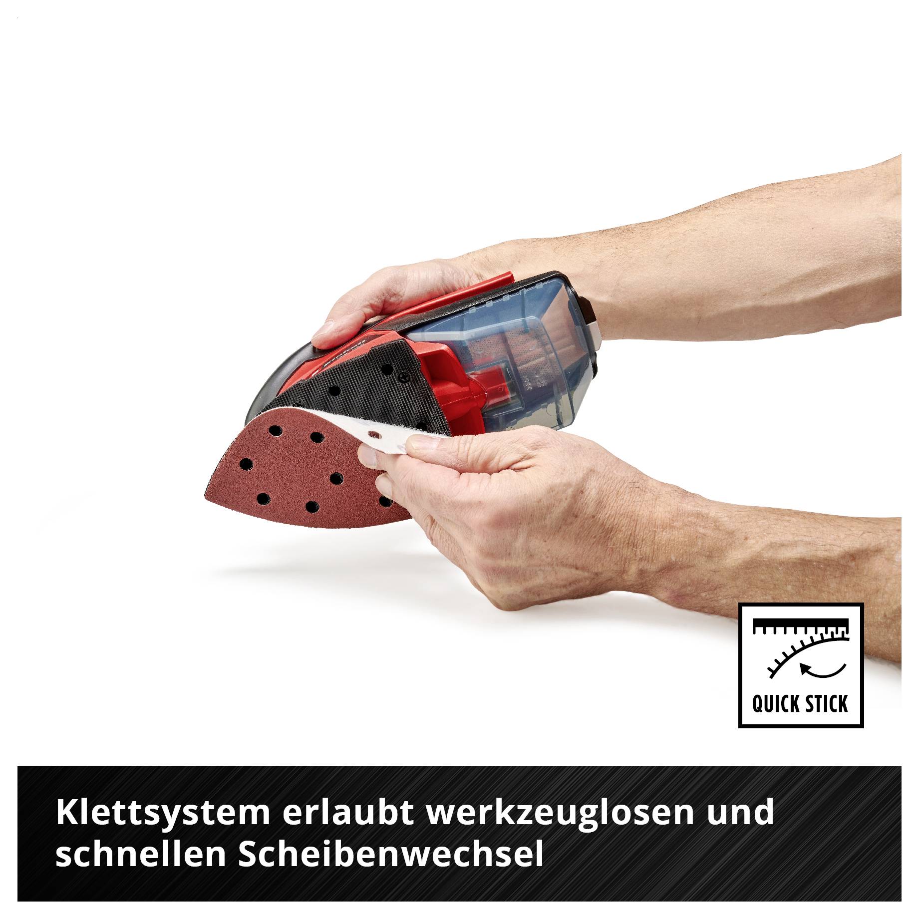 Hände wechseln werkzeuglos das Schleifpapier einer Handschleifmaschine; Text: 'Klettsystem erlaubt werkzeuglosen und schnellen Scheibenwechsel'.
