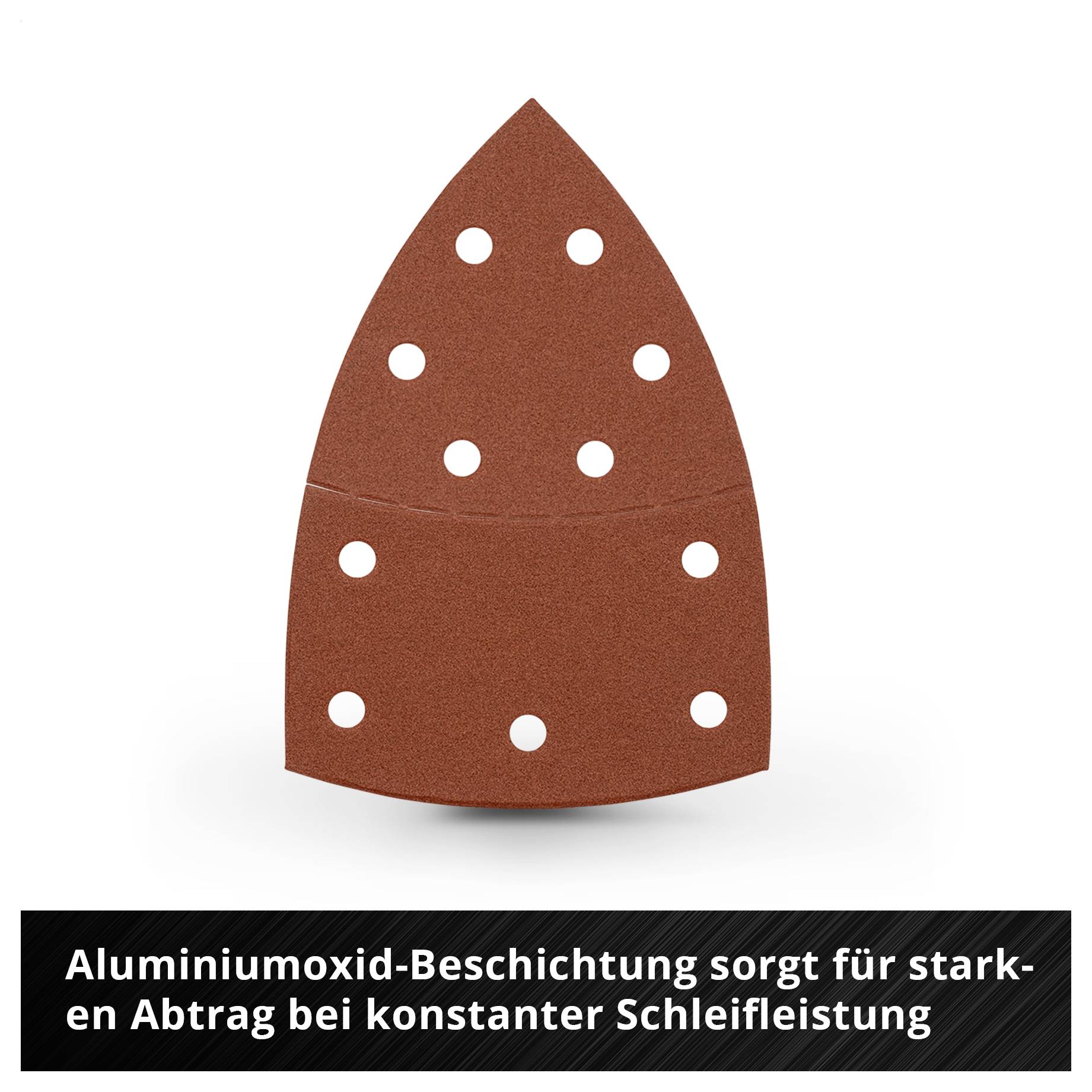 Rotes Schleifpapierblatt mit mehreren Lochungen; Text: 'Aluminiumoxid-Beschichtung sorgt für starken Abtrag bei konstanter Schleifleistung'.