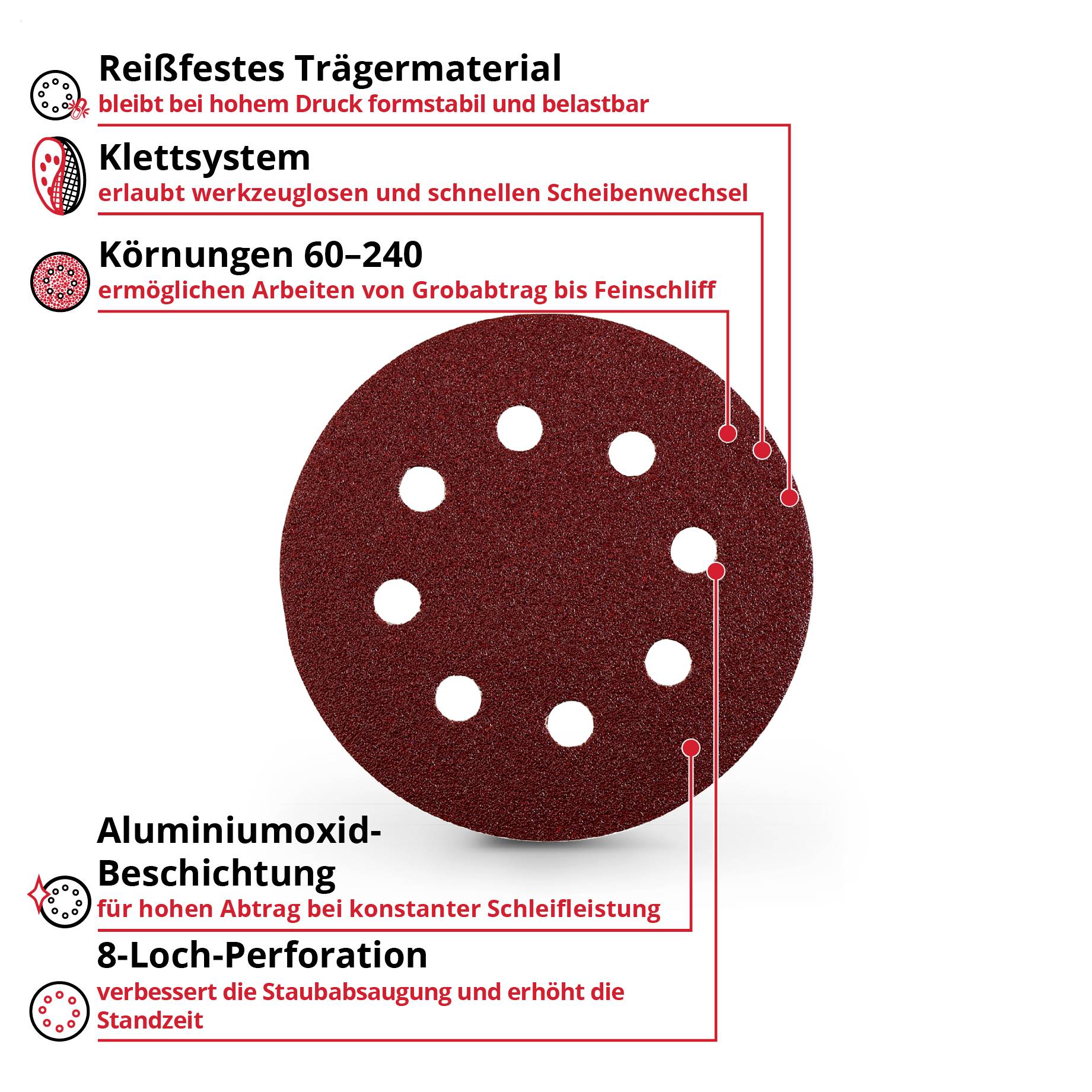 Person using a red orbital sander on a wooden surface, with text saying 'Verschleißfeste Unterlage bleibt unter hohem Druck stabil'.