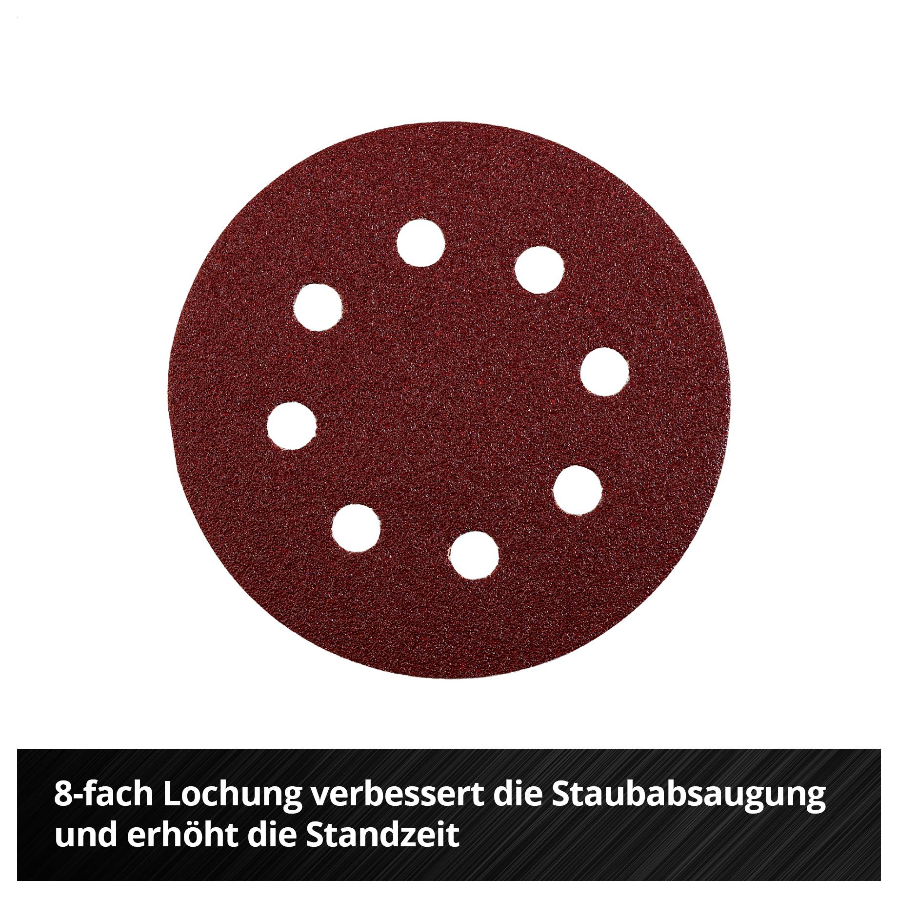 Rundes Schleifpad mit 8 Löchern; laut Text verbessert die 8-fach Lochung die Staubabsaugung und erhöht die Standzeit.