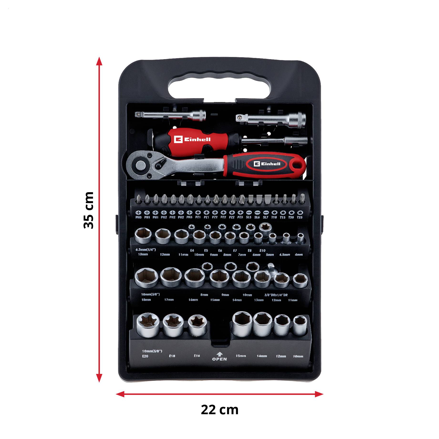 Werkzeugkoffer mit Steckschlüsselsatz und Ratsche; 35 cm hoch, 22 cm breit.