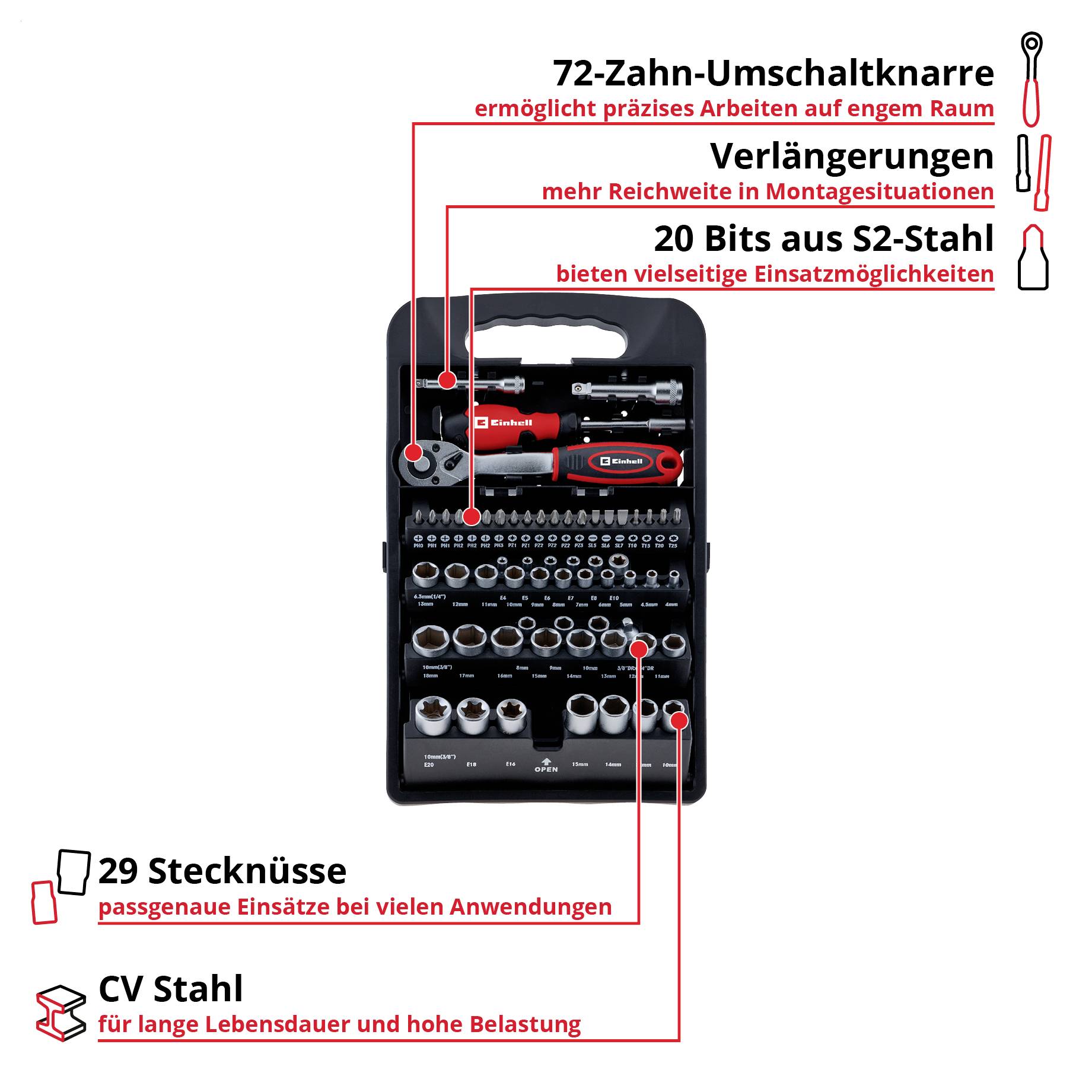 Werkzeugkoffer mit 72-Zahn-Umschaltknarre, Verlängerungen, 20 Bits aus S2-Stahl, 29 Stecknüssen und CV-Stahl für präzises Arbeiten.