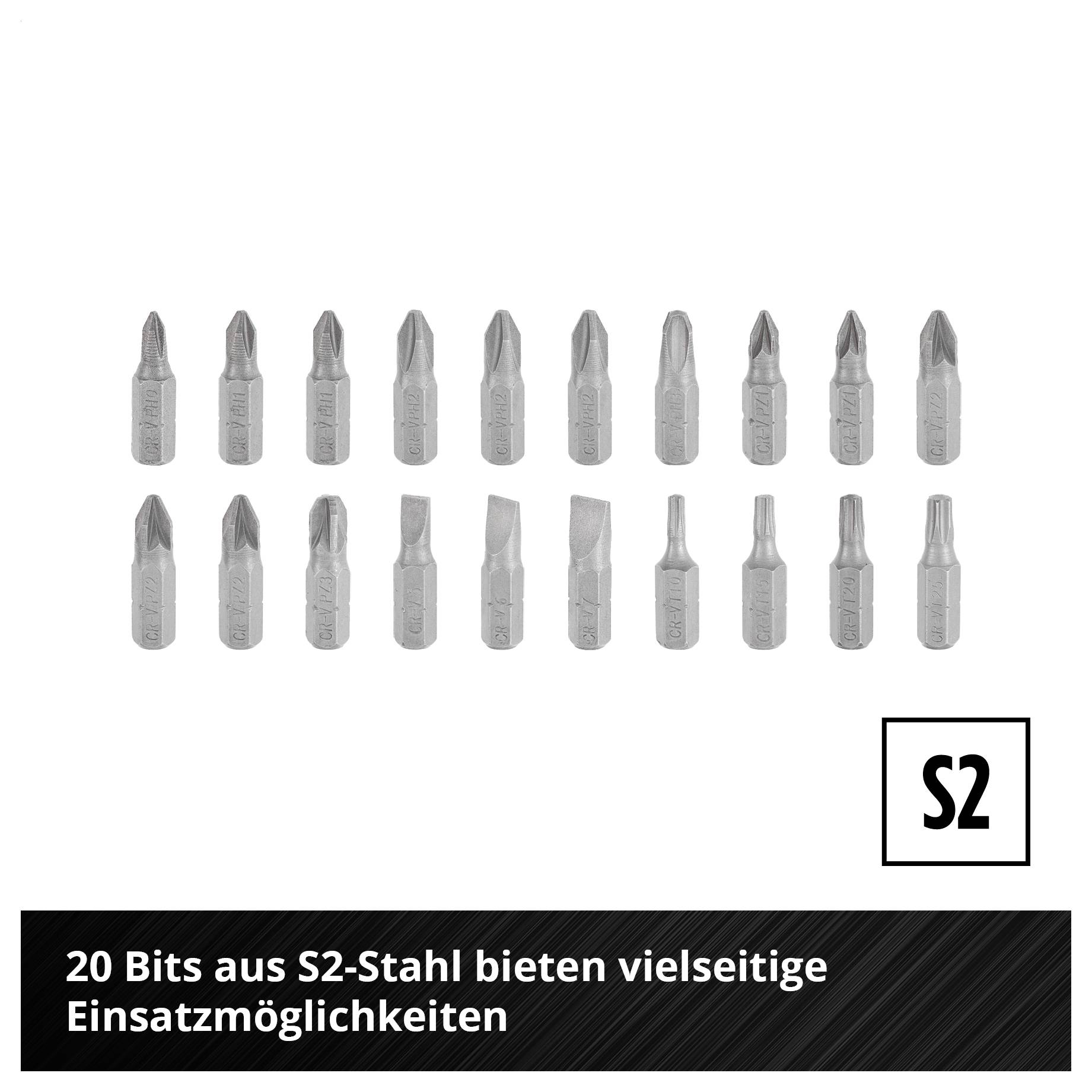 S2-Stahl-Bitset mit 20 Schraubendreherbits; Text: '20 Bits aus S2-Stahl bieten vielseitige Einsatzmöglichkeiten'.