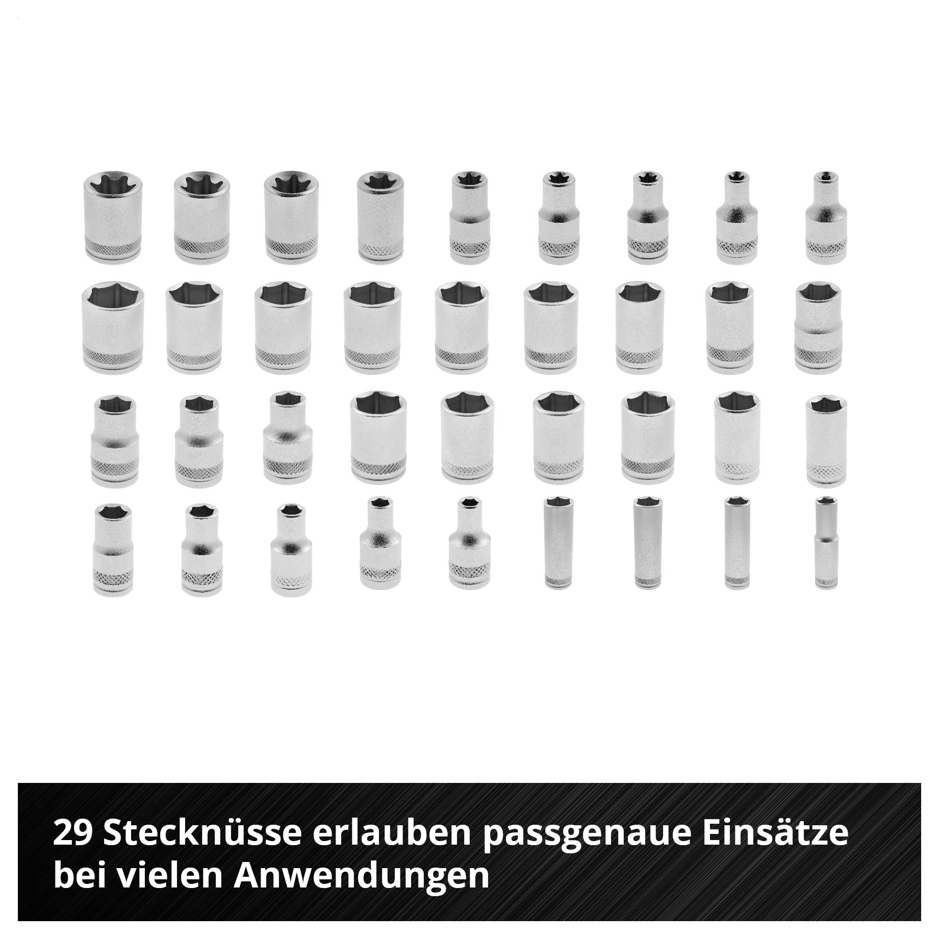Übersicht verschiedener Stecknüsse in mehreren Größen; unten steht: '29 Stecknüsse erlauben passgenaue Einsätze bei vielen Anwendungen'.