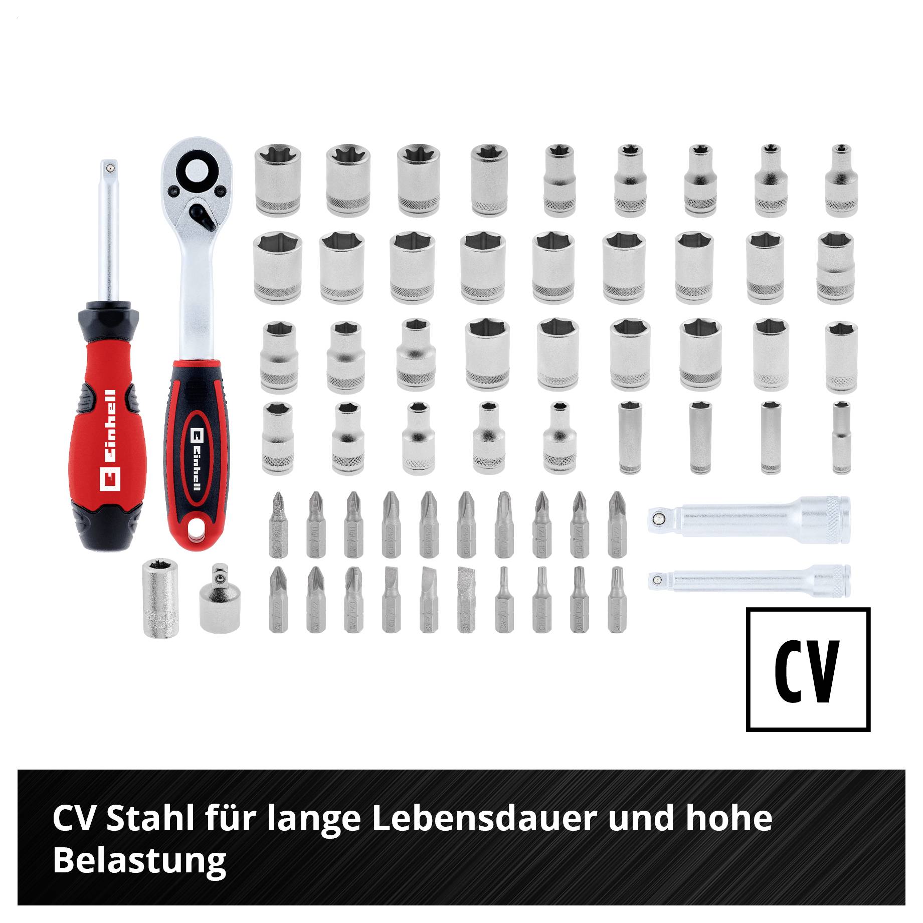 Satz von 20 S2-Stahlschraubendreher-Bits in zwei Reihen angeordnet, gekennzeichnet mit „S2" mit Text: „20 Bits aus S2-Stahl bieten vielseitige Anwendungsmöglichkeiten"