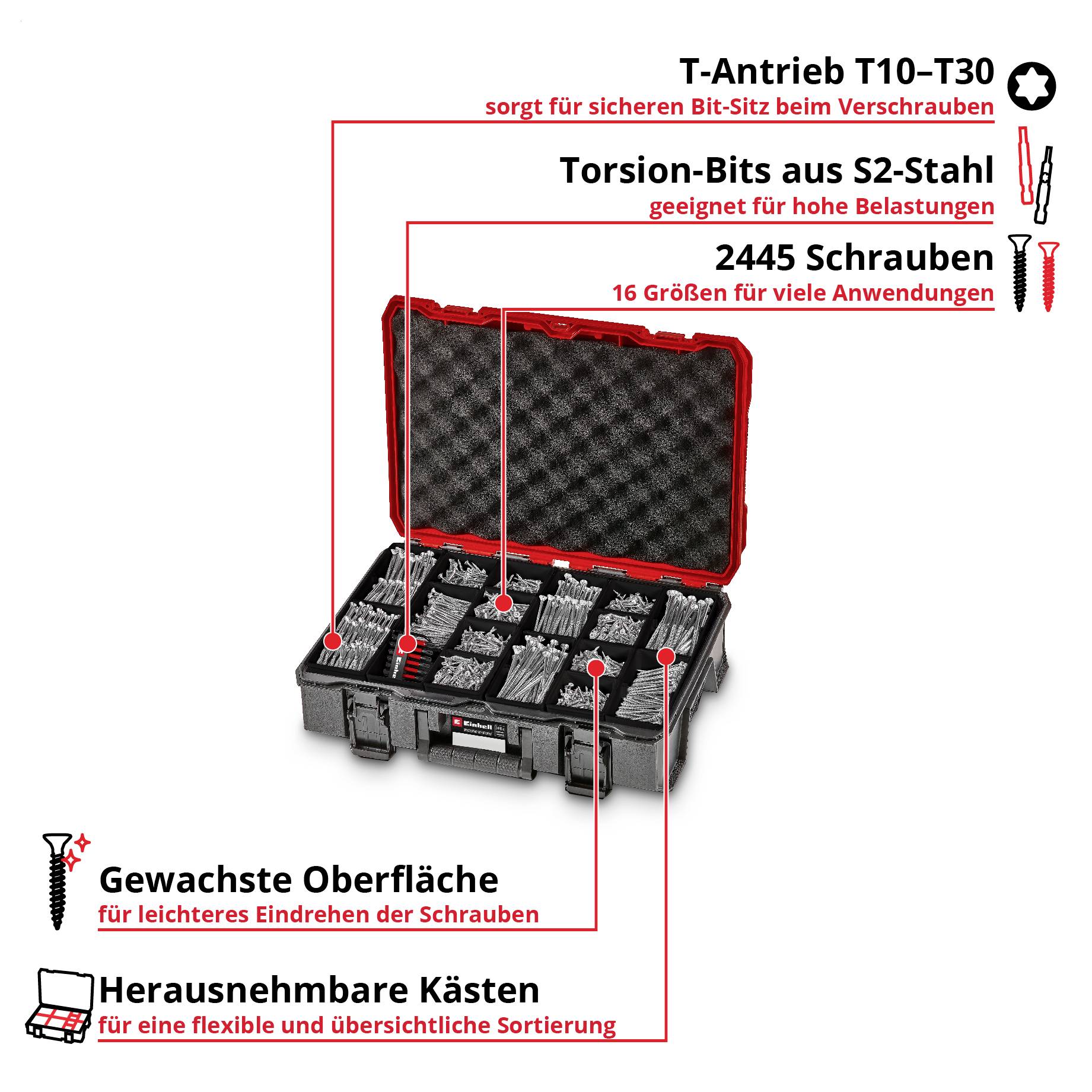 Offener Bitkoffer mit 2445 Schrauben und 16 Größen; T-Antrieb T10–T30, Torsion-Bits aus S2-Stahl, gewachste Oberfläche und herausnehmbare Kästen.