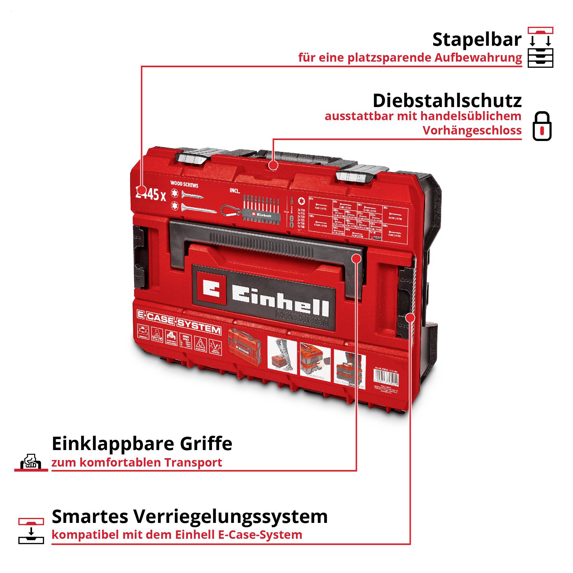 Roter Einhell-Transportkoffer mit Hinweisen zu stapelbarer Aufbewahrung, Diebstahlschutz, einklappbaren Griffen und smartem Verriegelungssystem.