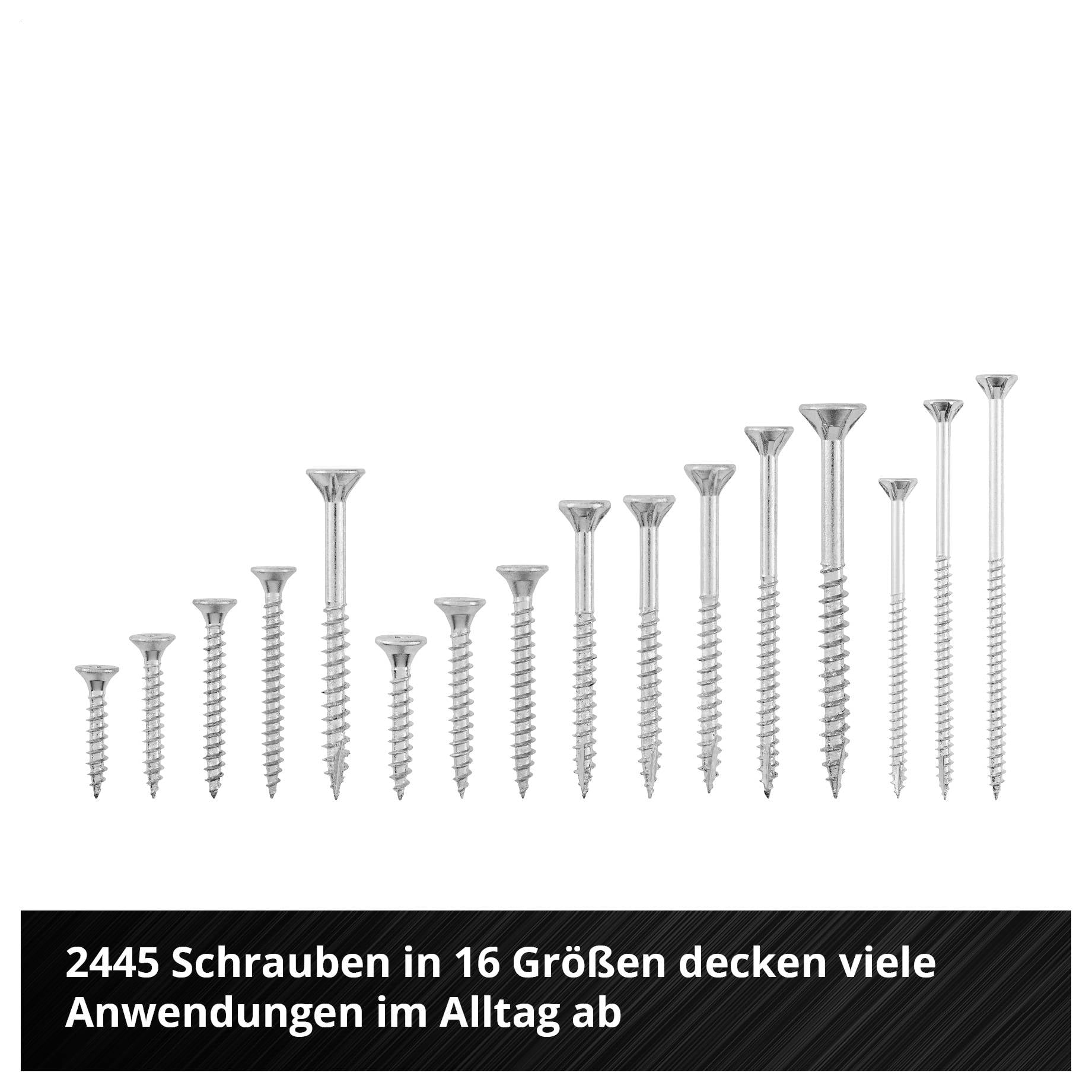Werbegrafik mit verschiedenen Schraubenlängen; Text: '2445 Schrauben in 16 Größen decken viele Anwendungen im Alltag ab'