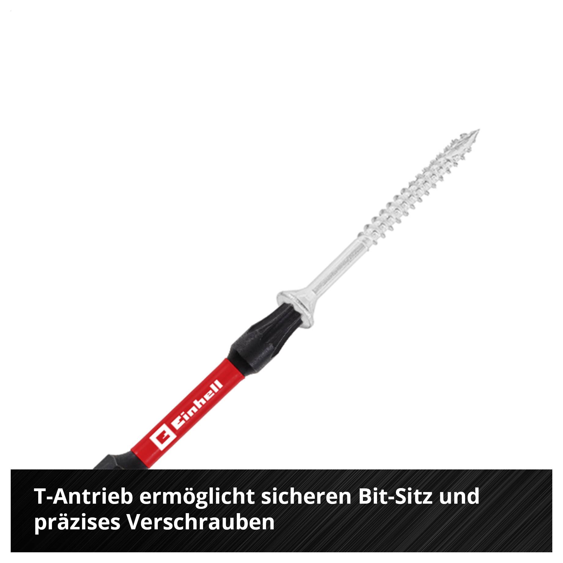 Einhell-Akkuschrauber mit langem Schraubaufsatz; Hinweis: T-Antrieb ermöglicht sicheren Bit-Sitz und präzises Verschrauben.
