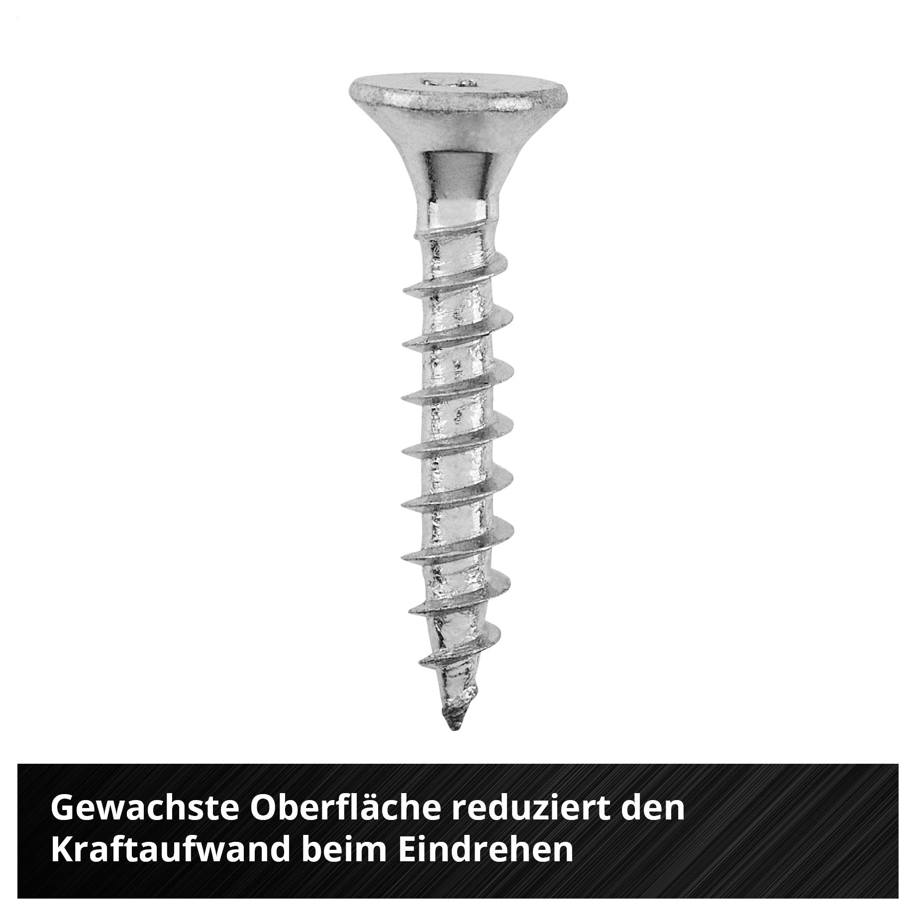 Metallschraube mit gewachster Oberfläche; Text: 'Gewachste Oberfläche reduziert den Kraftaufwand beim Eindrehen'<br>