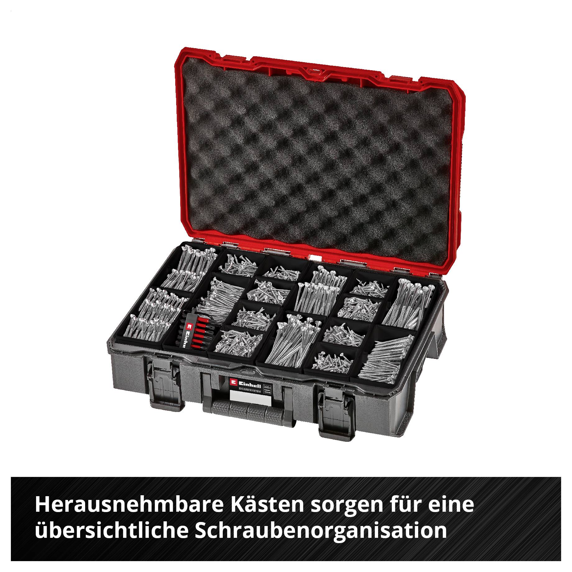 Offene Werkzeugbox mit vielen sortierten Schrauben in herausnehmbaren Fächern; Text: 'Herausnehmbare Kästen sorgen für eine übersichtliche Schraubenorganisation'