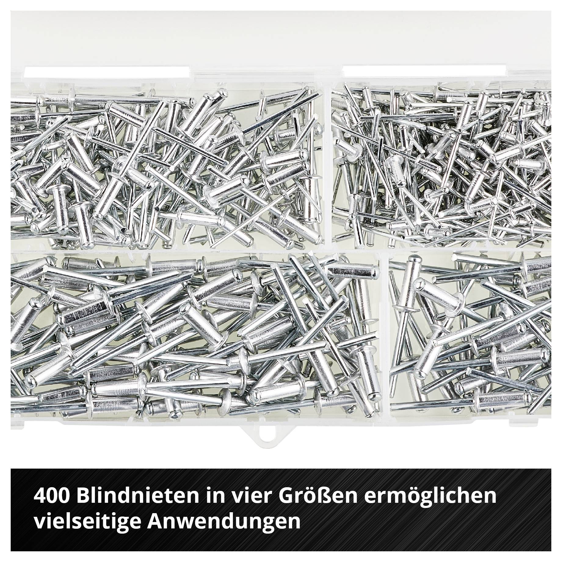 Hand, die ein rotes Einhell-Nitwerkzeug verwendet, um ein Metallblech zu befestigen, mit der Beschriftung „Aluminium/Stahl sorgt für stabile und starke Verbindungen".